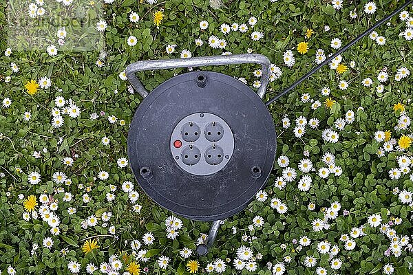 Eine Kabeltrommel liegt in einer Blumenwiese  Symbolfoto für Ökostrom  grüne Energie  Deutschland  Europa