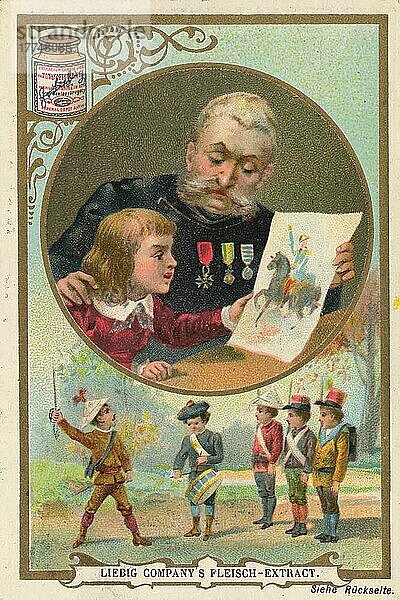 Serie Kinder und Kinderspiel  Kinder spielen Soldaten  digital verbesserte Reproduktion eines Sammelbildes von ca 1900