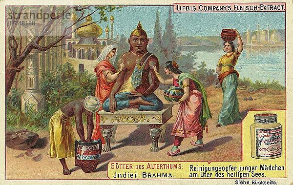 Serie Götter des Altertums  Indien  Brahma  Reinigungsopfer junger Mädchen am Ufer des heiligen See  digital verbesserte Reproduktion eines Sammelbildes von ca 1900  Asien