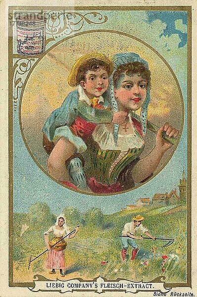 Serie Kinder und Kinderspiel  Landarbeit und Heumachen  digital verbesserte Reproduktion eines Sammelbildes von ca 1900