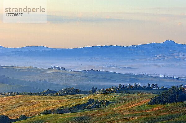 Val d'Orcia. Orcia-Tal in der Morgendämmerung. Morgennebel. UNESCO-Weltkulturerbe. San Quirico d'Orcia. Provinz Siena. Toskana. Landschaft in der Toskana. Italien