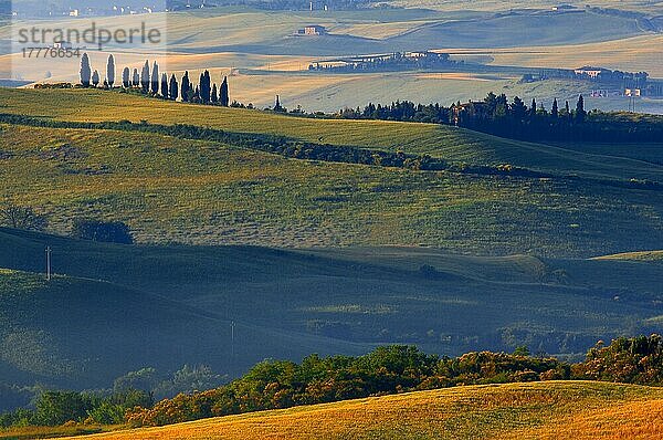 Val d'Orcia. Orcia-Tal in der Morgendämmerung. Morgennebel. UNESCO-Weltkulturerbe. San Quirico d'Orcia. Provinz Siena. Toskana. Landschaft in der Toskana. Italien