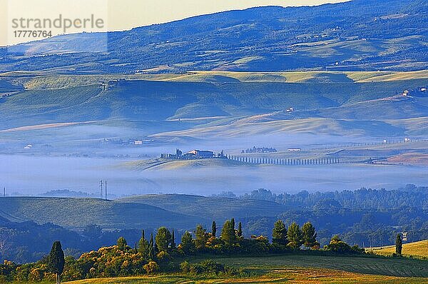 Val d'Orcia. Orcia-Tal in der Morgendämmerung. Morgennebel. UNESCO-Weltkulturerbe. San Quirico d'Orcia. Provinz Siena. Toskana. Landschaft in der Toskana. Italien