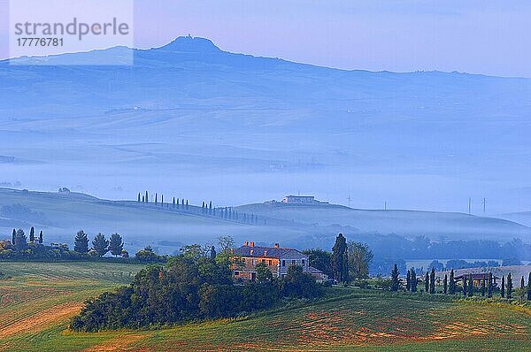 Val d'Orcia. Orcia-Tal in der Morgendämmerung. Morgennebel. UNESCO-Weltkulturerbe. San Quirico d'Orcia. Provinz Siena. Toskana. Landschaft in der Toskana. Italien