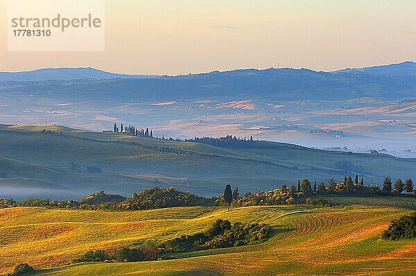 Val d'Orcia  Orcia-Tal in der Morgendämmerung  Morgennebel  UNESCO-Weltkulturerbe  San Quirico d'Orcia  Provinz Siena  Toskana  Landschaft der Toskana  Italien  Europa