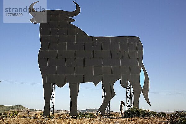 Frau betrachtet Stier-Silhouette  Osborne-Stier  heute nationales Symbol für Spanien  Provinz Cadiz  Spanien  Europa