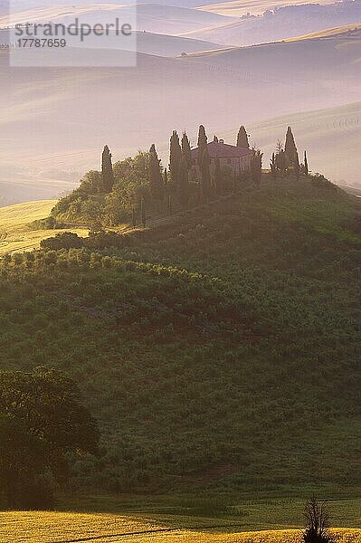 Val d'Orcia  Orcia-Tal  Morgennebel  Das Belvedere in der Morgendämmerung  UNESCO-Weltkulturerbe  San Quirico d'Orcia  Provinz Siena  Toskana  Landschaft der Toskana  Italien  Europa