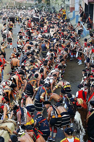 Naga-Stammesangehörige  die an der Zeremonie des Steinziehens während des Kisima Nagaland Hornbill Festivals teilnehmen  Kohima  Nagaland  Indien  Asien