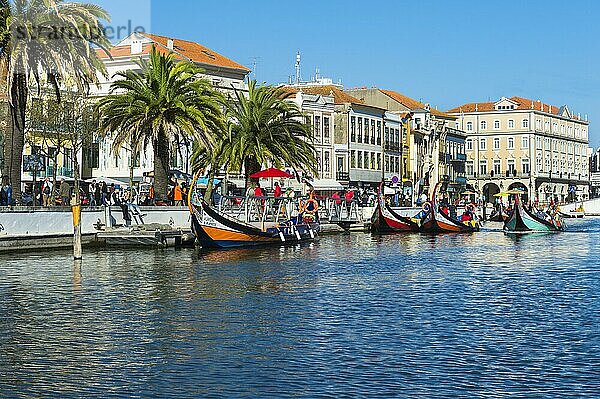 Moliceiros vertäut entlang des Hauptkanals  Aveiro  Venedig von Portugal  Beira Littoral  Portugal  Europa