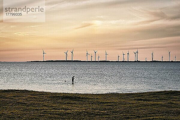 Menschen  Silhouetten in der Ostsee  Windräder am Horizont  Abendhimmel bei Sonnenuntergang  Burgsvik  Insel Gotland  Schweden  Europa