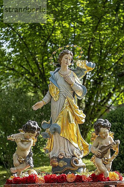 Maria  Prozessionsfigur  Fronleichnamsprozession  Fronleichnamszug  Festzug Pfarrrkirche St. Kilian  Bad Heilbrunn  Oberbayern  Bayern  Deutschland  Europa