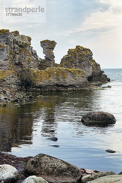 Felsenküste am Meer  Raukar an der Ostküste Gotlands  Naturschutzgebiet Holmhällar  Insel Gotland  Ostsee  Schweden  Europa