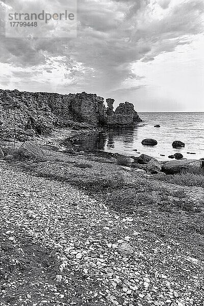 Felsenküste am Meer  Raukar an der Ostküste Gotlands  Schwarzweißaufnahme  Naturschutzgebiet Holmhällar  Insel Gotland  Ostsee  Schweden  Europa