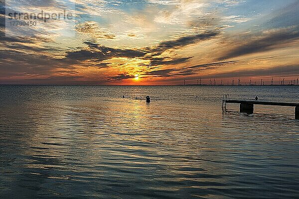 Badesteg  Personen  Silhouetten im Meer  Abendhimmel bei Sonnenuntergang  Gegenlicht  Ostsee  Burgsvik  Insel Gotland  Schweden  Europa