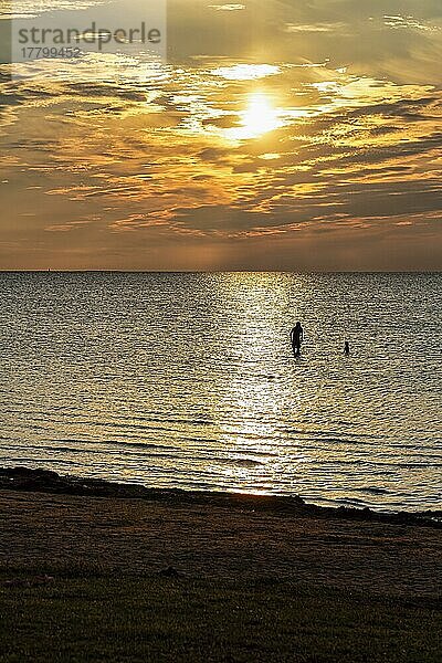 Sonnenlicht glitzert auf dem Meer  Menschen  Silhouetten in der Ostsee  Abendhimmel bei Sonnenuntergang  Burgsvik  Insel Gotland  Schweden  Europa