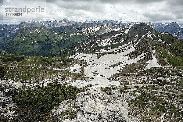 Ausblick am Nebelhorn auf Allgäuer Alpen  Oberstdorf  Oberallgäu  Allgäu  Bayern  Deutschland  Europa