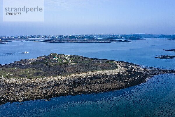 Luftaufnahme Insel Ile Cezon mit den Ruinen des Forts  vor der Mündung des Aber Wrach  Landeda  Departement Finistere Penn ar Bed  Region Bretagne Breizh  Frankreich  Europa