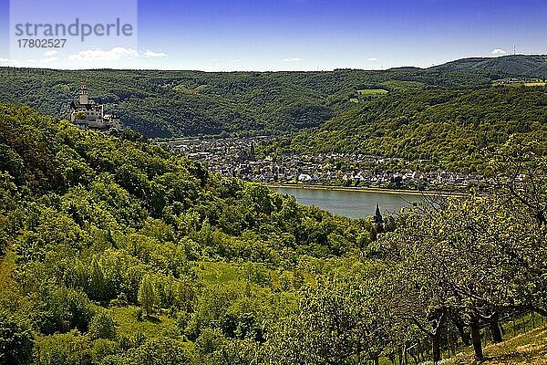 Ausblick auf das Rheintal mit der Marksburg  Braubach  UNESCO-Welterbe Oberes Mittelrheintal  Rheinland-Pfalz  Deutschland  Europa