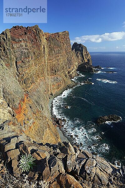 Aussicht vom Wanderweg auf Kap Ponta de São Lourenço  Sankt-Lorenz-Spitze  Caniçal  felsige Steilwand  Gesteinsschichten  Naturschutzgebiet Parque Natural da Madeira  östlichste Spitze von Madeira  offiziell Autonome Region Madeira  Insel  Atlantik  Archipel Makaronesien  Portugal  Europa