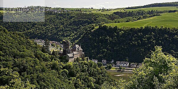 Ausblick auf das Rheintal mit Burg Katz  Patersberg  UNESCO-Welterbe Oberes Mittelrheintal  Rheinland-Pfalz  Deutschland  Europa