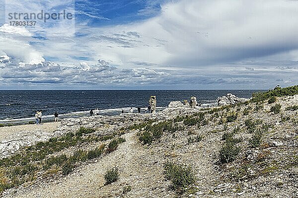 Spaziergänger  Raukar  Kalksteinsäulen am Kiesstrand  Erosion  Langhammars Naturreservat im Sommer  Insel Fårö  Farö  bei Gotland  Schweden  Europa