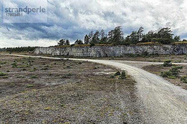 Schotterpiste führt durch verlassenen Steinbruch  Kalkstein  Filmkulisse  Drehort  triste Landschaft  Insel Furillen  Furilden Naturschutzgebiet und Vogelschutzgebiet  bei Gotland  Schweden  Europa