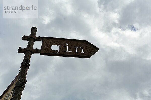 Schild aus verrostetem Eisen  Wegweiser mit Aufschrift Gin  bewölkter Himmel  Lärbro  Insel Furillen oder Furilden  bei Gotland  Schweden  Europa