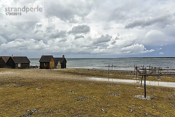 Alte Fischerhütten mit Netzgarten zum Trocknen der Fischernetze  traditionelle Fischerstelle  Fischerdorf  Helgumannen Fiskeläge  Insel Fårö  Farö  Gotland  Ostsee  Schweden  Europa