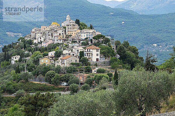 Blick auf kleines altes Bergdorf auf Hügel in Südfrankreich La Roquette-sur-Var  Département Alpes-Maritimes  Region Provence-Alpes-Côte d?Azur  Frankreich  Europa