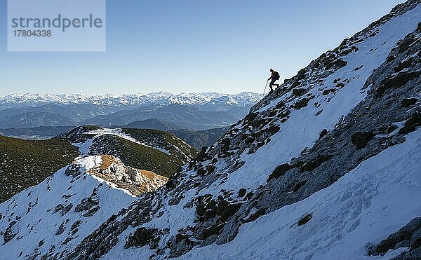 Bergsteiger am felsigen Gipfelgrat mit erstem Schnee im Herbst  Wanderweg zum Guffert  hinten Bergpanorama  Brandenberger Alpen  Tirol  Österreich  Europa