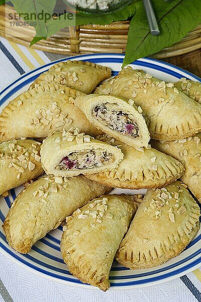 Schwäbische Küche  deftige Krapfen Kräpfle mit Sauerampfer (Rumex acetosa)  gefüllte Halbmonde  deftig  salziger Mürbteig  aus dem Ofen  backen  Gebäck  vegetarisch  Traditionsküche  typisch Schwäbisch neu interpretiert  Partygebäck  für unterwegs  Teller  Blätter des Sauerampfers  Fingerfood  Foodfotografie  Deutschland  Europa