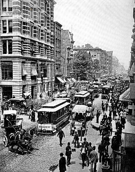 Broadway in New York  Straßenszene auf der belebten Straße  ca 1880  Amerika  Historisch  digital restaurierte Reproduktion einer Fotovorlage aus dem 19. Jahrhundert