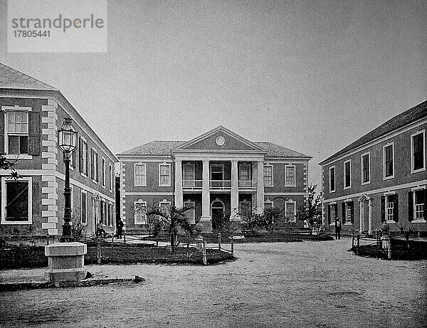 Regierungsgebäude in der Hauptstadt Nassau auf dem Inselstaat Bahama in der Karibik  ca 1880  Bahamas  Historisch  digital restaurierte Reproduktion einer Fotovorlage aus dem 19. Jahrhundert  Mittelamerika