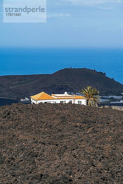 Haus im Lavastrom  Vulkan Tajogaite vom Ausbruch 2021  El Pedregal  Insel La Palma  Kanarische Inseln  Spanien  Europa
