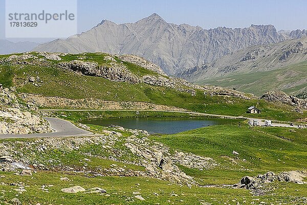 Blick auf Lac des Eissaupres oberhalb von Baumgrenze an Route Col de la Bonette  Route de Col de la Bonette e Restefond  Nationalpark Mercantour  Jausiers  Departement Alpes-de-Haute-Provence  Frankreich  Europa