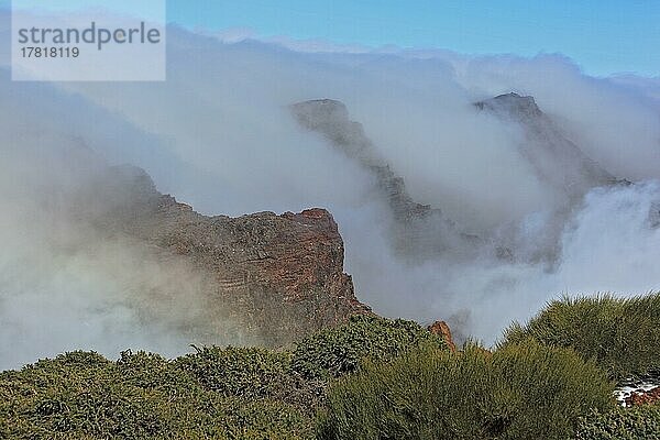 In Wolken gehüllt  der Roque de los Muchachos im Nationalpark Caldera de Taburiente  La Palma  Kanarische Insel  Spanien  Europa