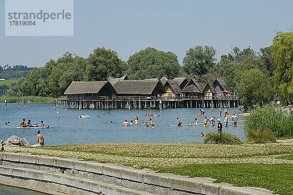 Badende im Bodensee vor den Pfahlbauten Unteruhldingen  Freilichtmuseum  Uhldingen-Mühlhofen  Bodensee  Baden-Württemberg  Deutschland  Europa