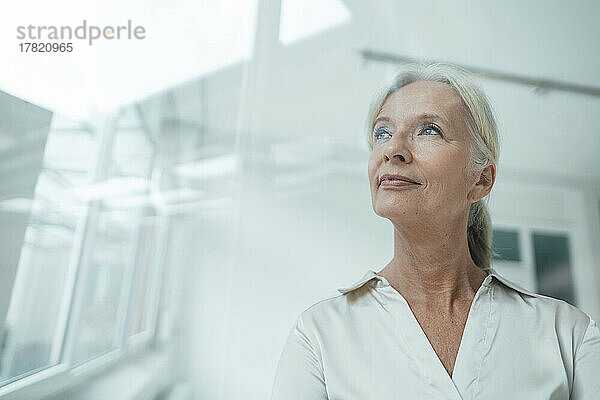 Smiling senior businesswoman with white hair in office