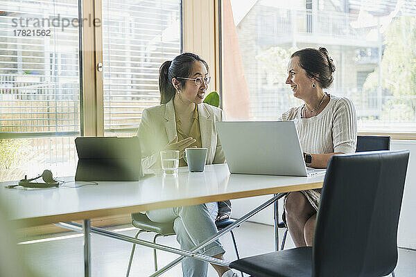 Lächelnde reife Geschäftsfrau mit Kollegin  die im Büro am Laptop diskutiert