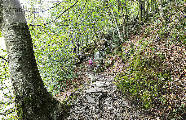 Switzerland  Ticino  Woman standing in middle of forest trail in Valle Verzasca