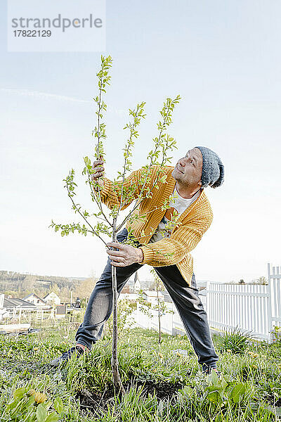 Reifer Mann mit Strickmütze pflanzt im Garten
