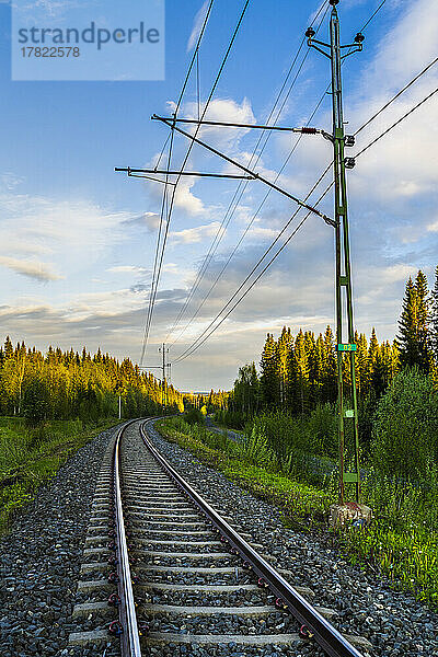 Schweden  Kreis Jämtland  Are  leere Eisenbahnschienen im Morgengrauen mit bewaldeter Landschaft im Hintergrund