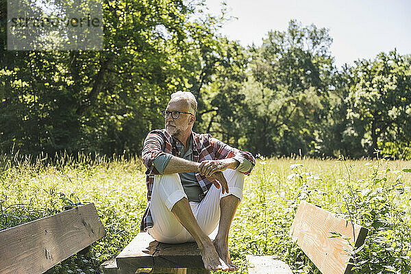 Älterer Mann sitzt auf Picknicktisch im Park