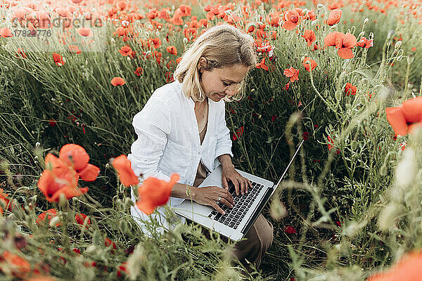 Lächelnde Frau benutzt Laptop im Mohnfeld