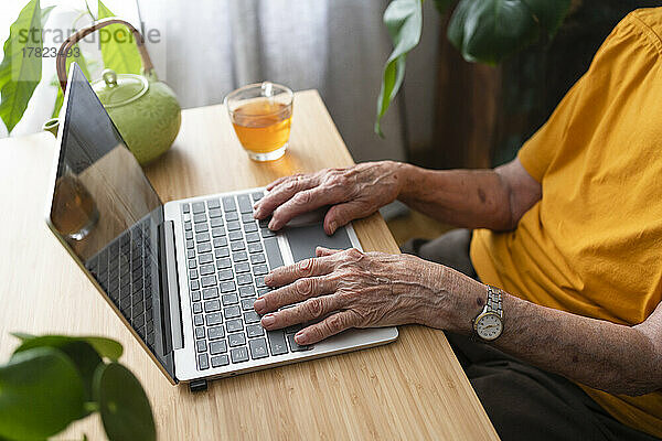 Frau benutzt Laptop zu Hause