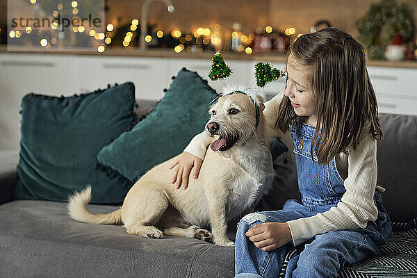 Lächelndes Mädchen mit Hund sitzt zu Hause auf dem Sofa