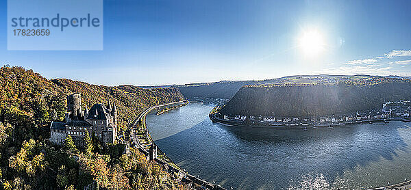 Germany  Rhineland-Palatinate  Sankt Goarshausen  Helicopter panorama of Rhine Gorge on sunny autumn day