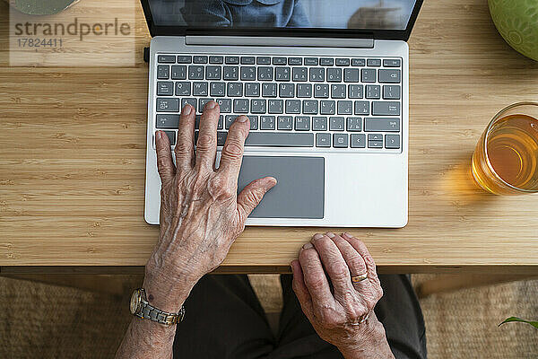 Hände einer älteren Frau  die zu Hause einen Laptop benutzt