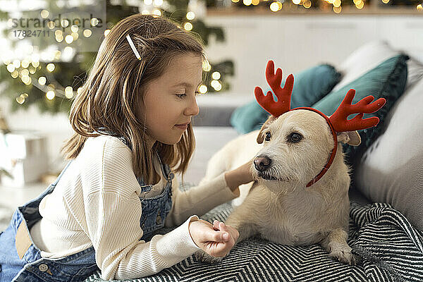 Mädchen blickt auf Hund mit Geweih  der zu Hause auf dem Sofa sitzt