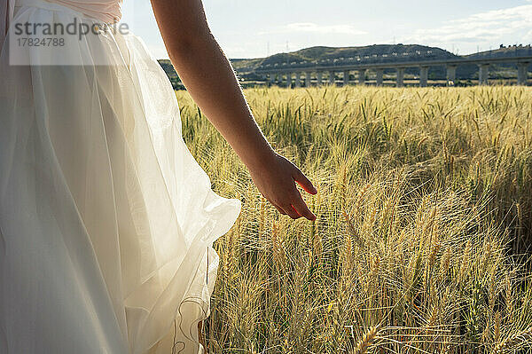 Girl walking in wheat field